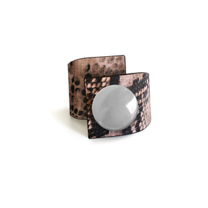 Squared Button, Cross Bracelet, Pink Snake Printed Leather
