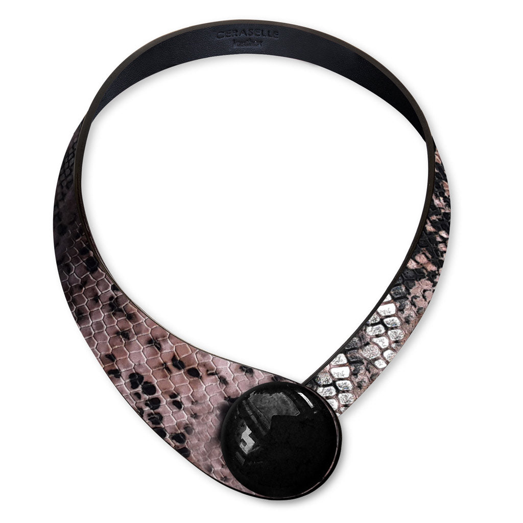 Pink Snake Printed Leather Necklace+ Ceramic Button