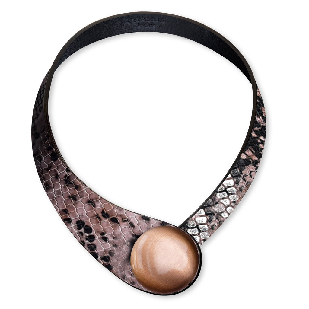 Pink Snake Printed Leather Necklace+ Metal Button