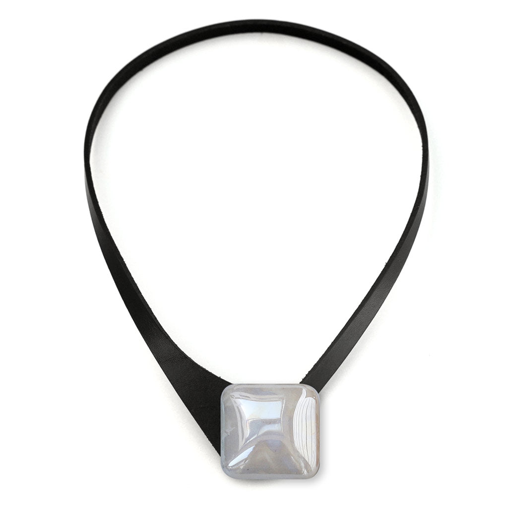 Thin Black Leather Necklace + Square Ceramic Button
