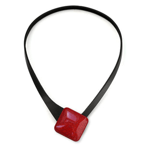 Thin Black Leather Necklace + Square Ceramic Button