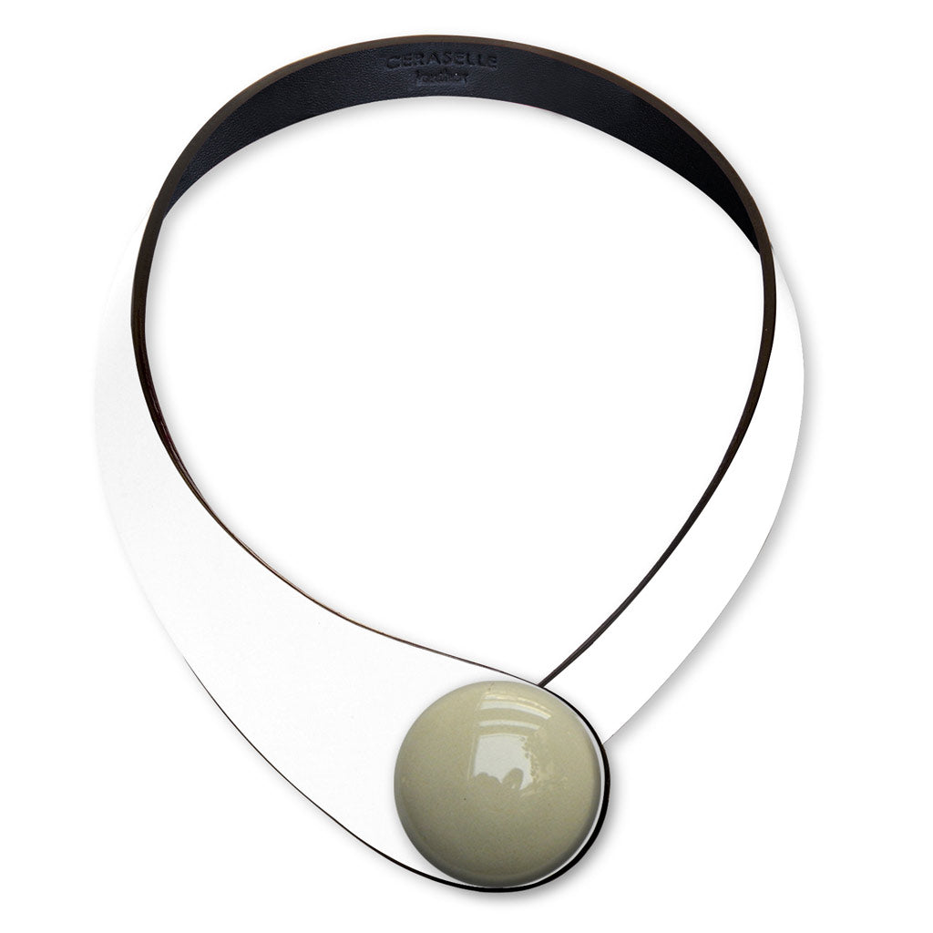White Leather Necklace + Ceramic Button
