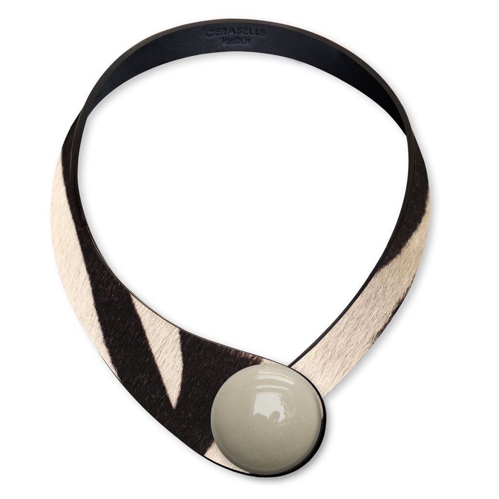 Zebrine Print Leather Necklace+ Ceramic Button