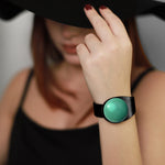 Load image into Gallery viewer, Deep Black Leather Bracelet + Petrol Ceramic Button
